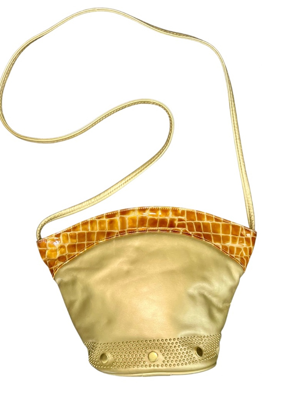 Gold Faux Leather Croc Trim Crossbody Bag Studded Accent Shoulder Purse